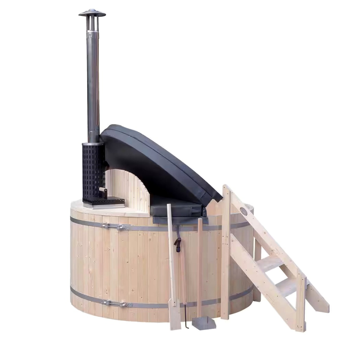 Wooden hot tub with a black cover and chimney, featuring steps and accessories.