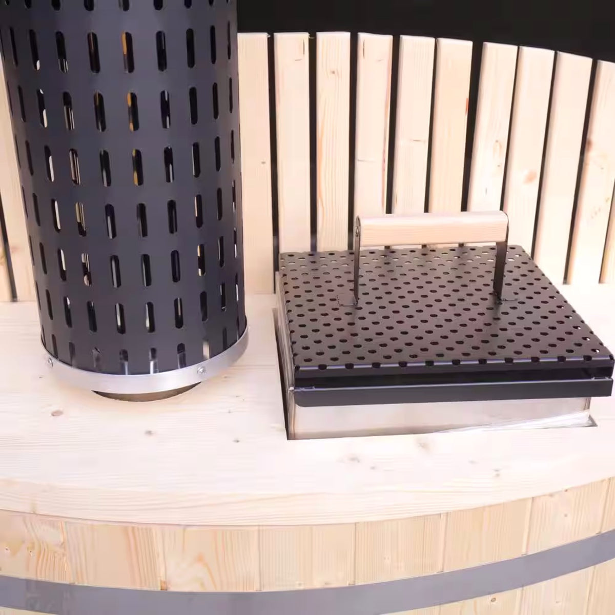 Stylish sauna heater with a sleek design and wooden accents.