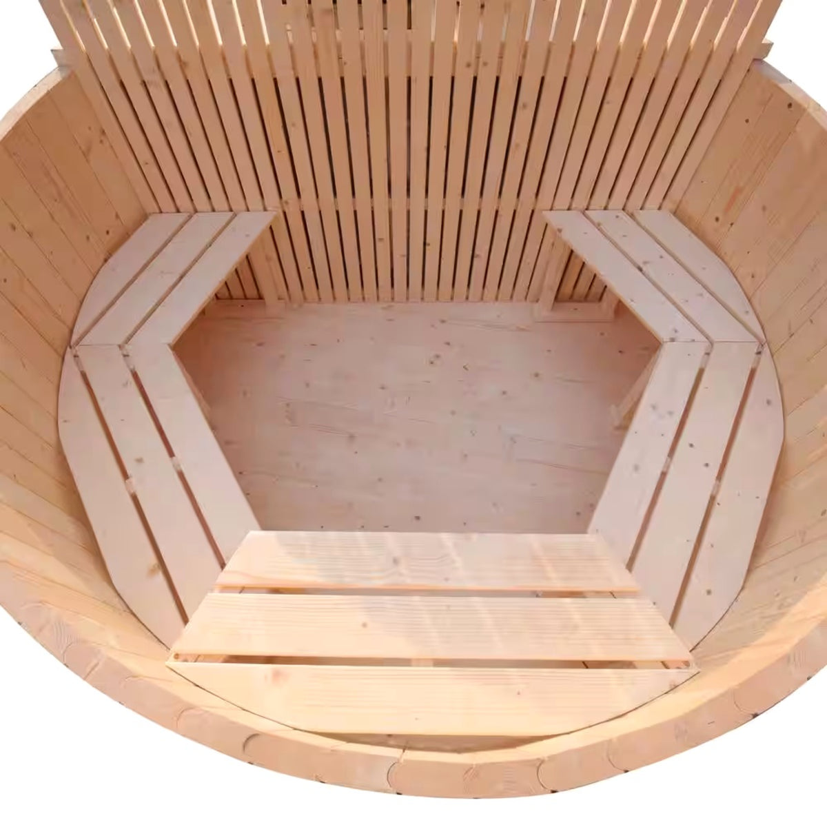 Wooden hot tub interior with slatted seating and spacious design.