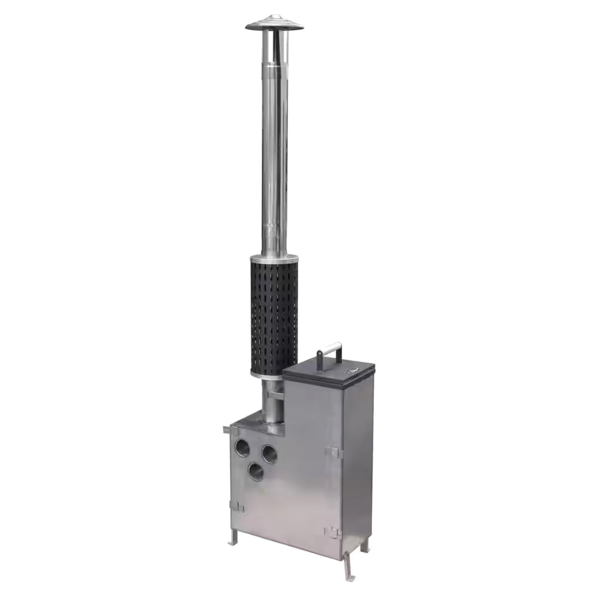 Portable stainless steel camping stove with chimney and adjustable controls.