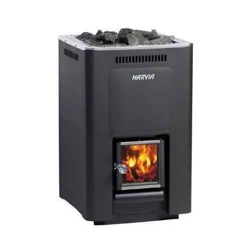 Havya wood-burning stove with a black exterior and visible flames in the front.