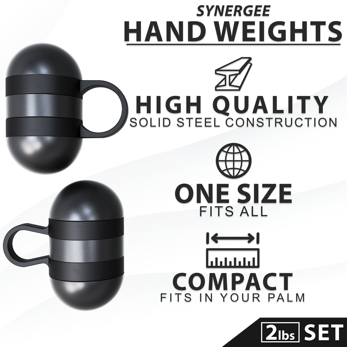 Synergee hand weights set featuring solid steel construction and compact design for easy grip.