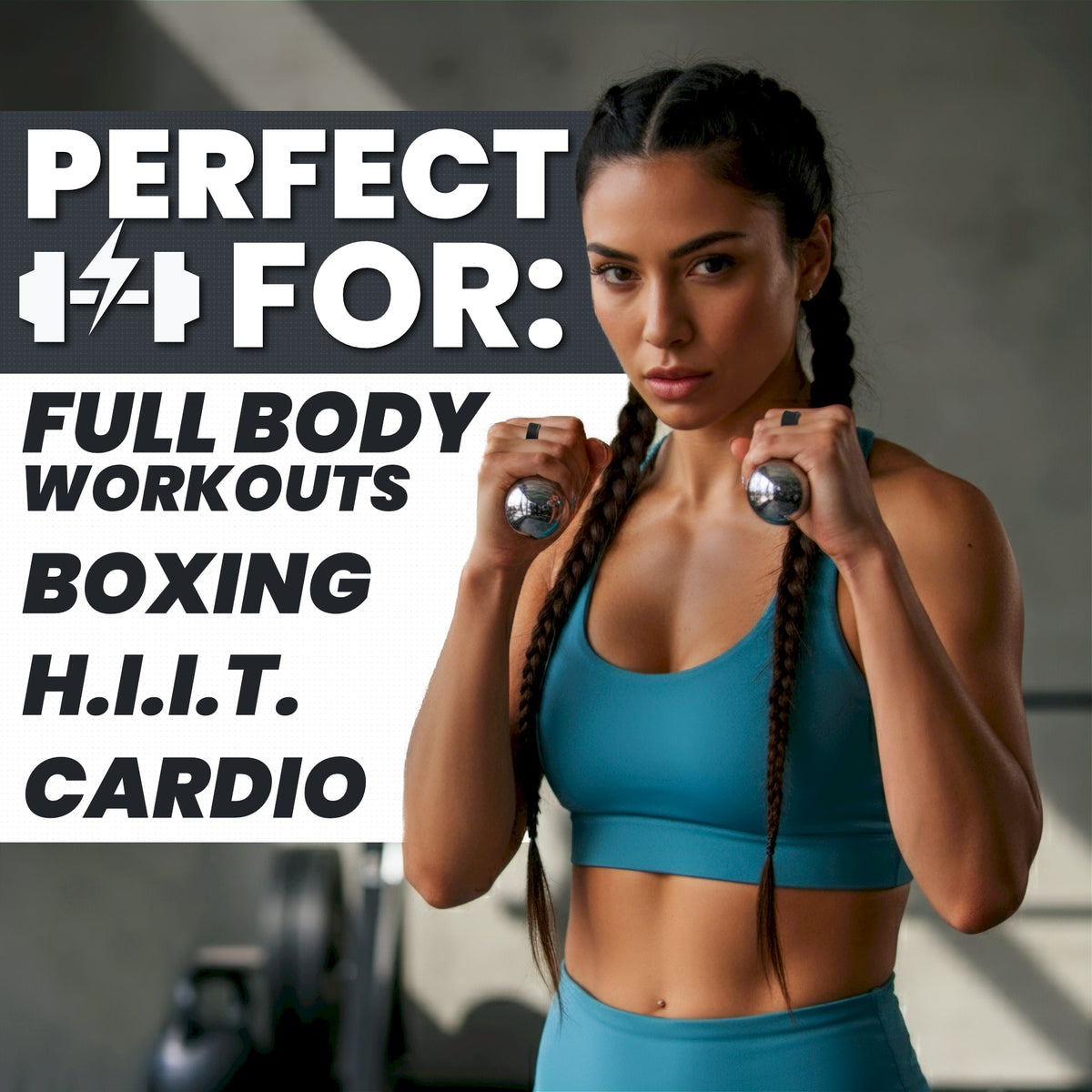 Perfect for full body workouts, boxing, H.I.I.T., and cardio, featuring a woman in a teal sports bra.