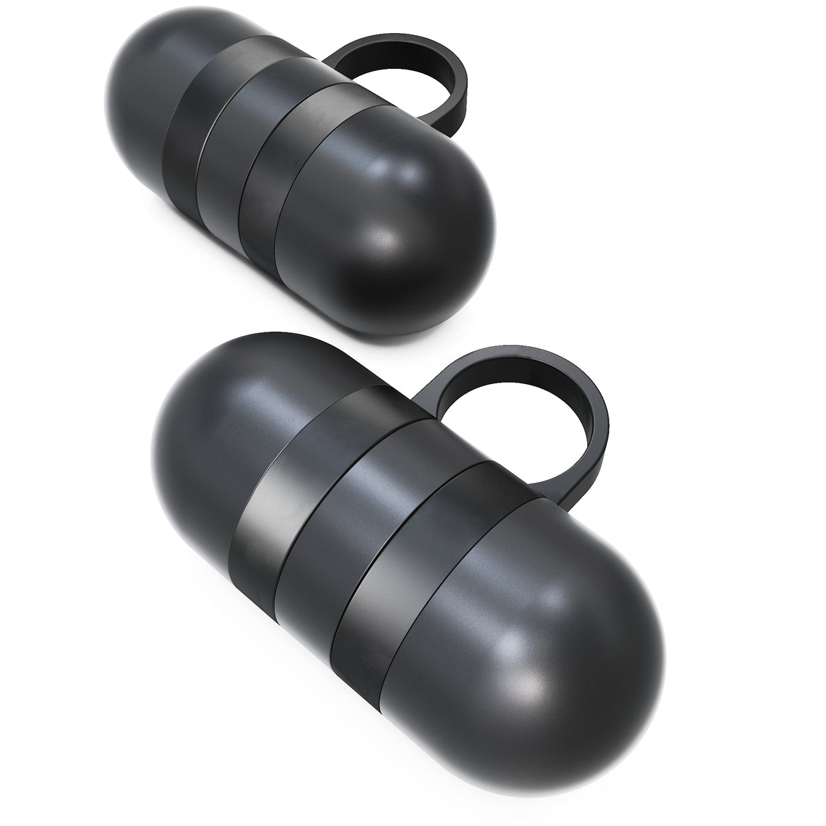 Black capsule keychain holder with a sleek design for storing small items.