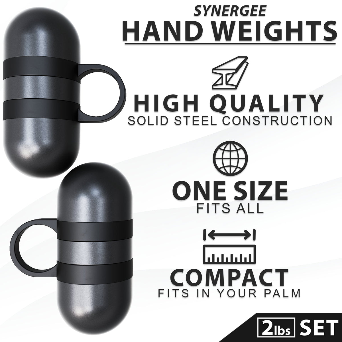 Synergee hand weights set featuring high quality solid steel construction and compact design.