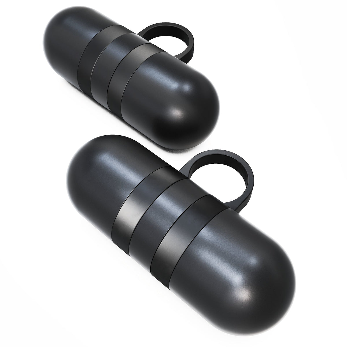 Black capsule keychain holders with sleek design for storing small items.