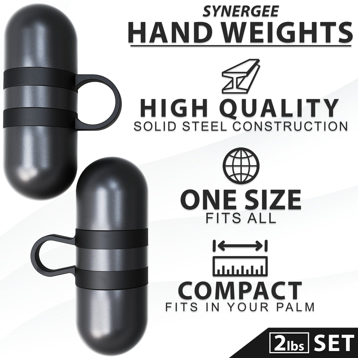 Synergee hand weights set featuring solid steel construction and compact design for easy grip.