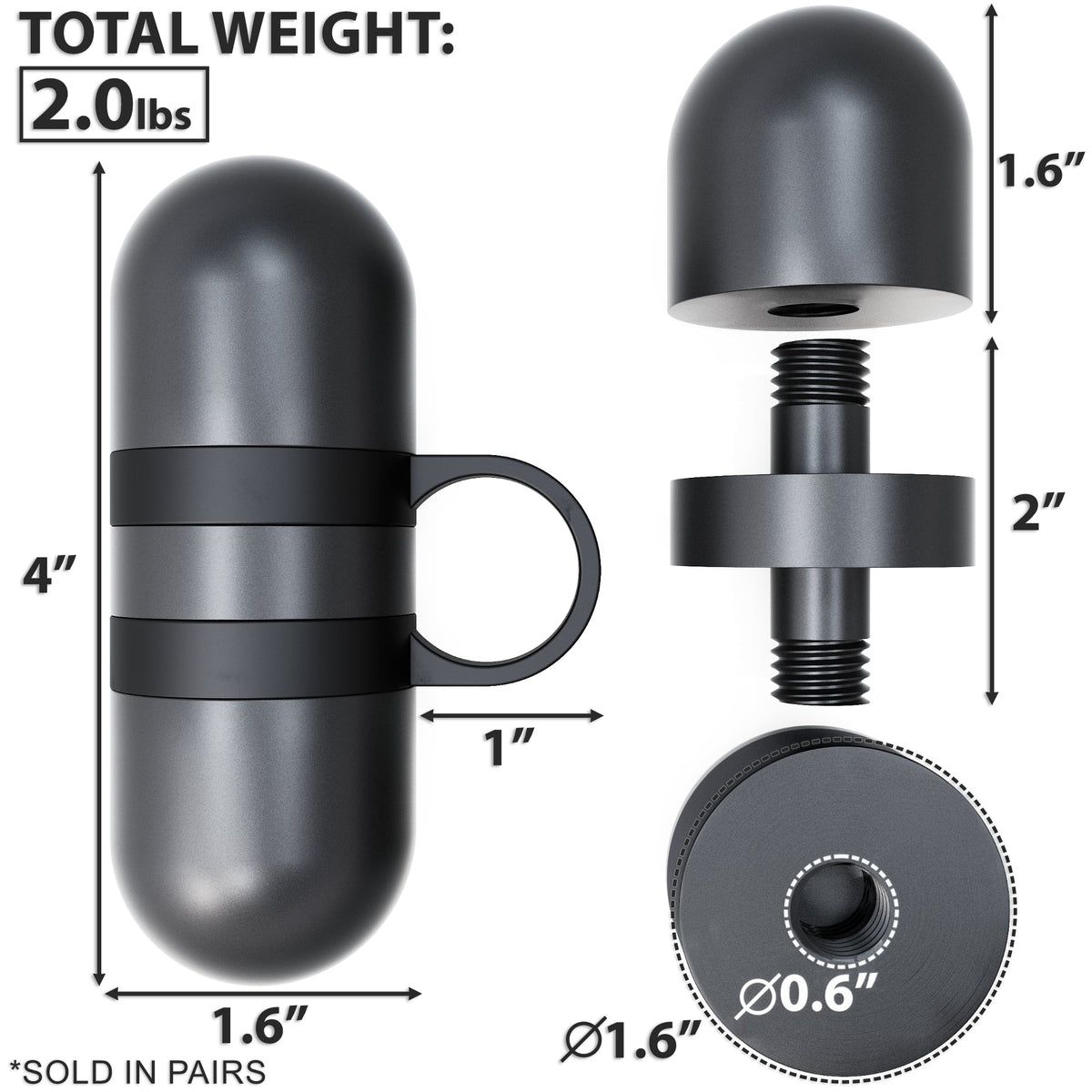 Black Capsule Weight Set, 2 lbs total weight, featuring a sleek design with dimensions labeled.