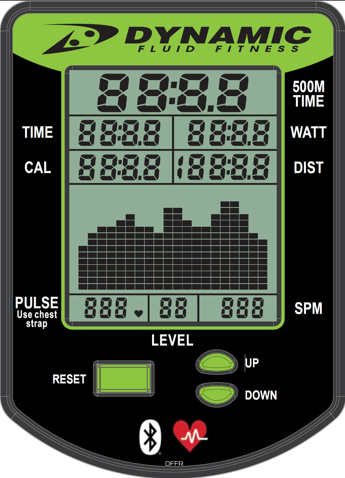 Dynamic Fluid Fitness display showing time, calories, and performance metrics.