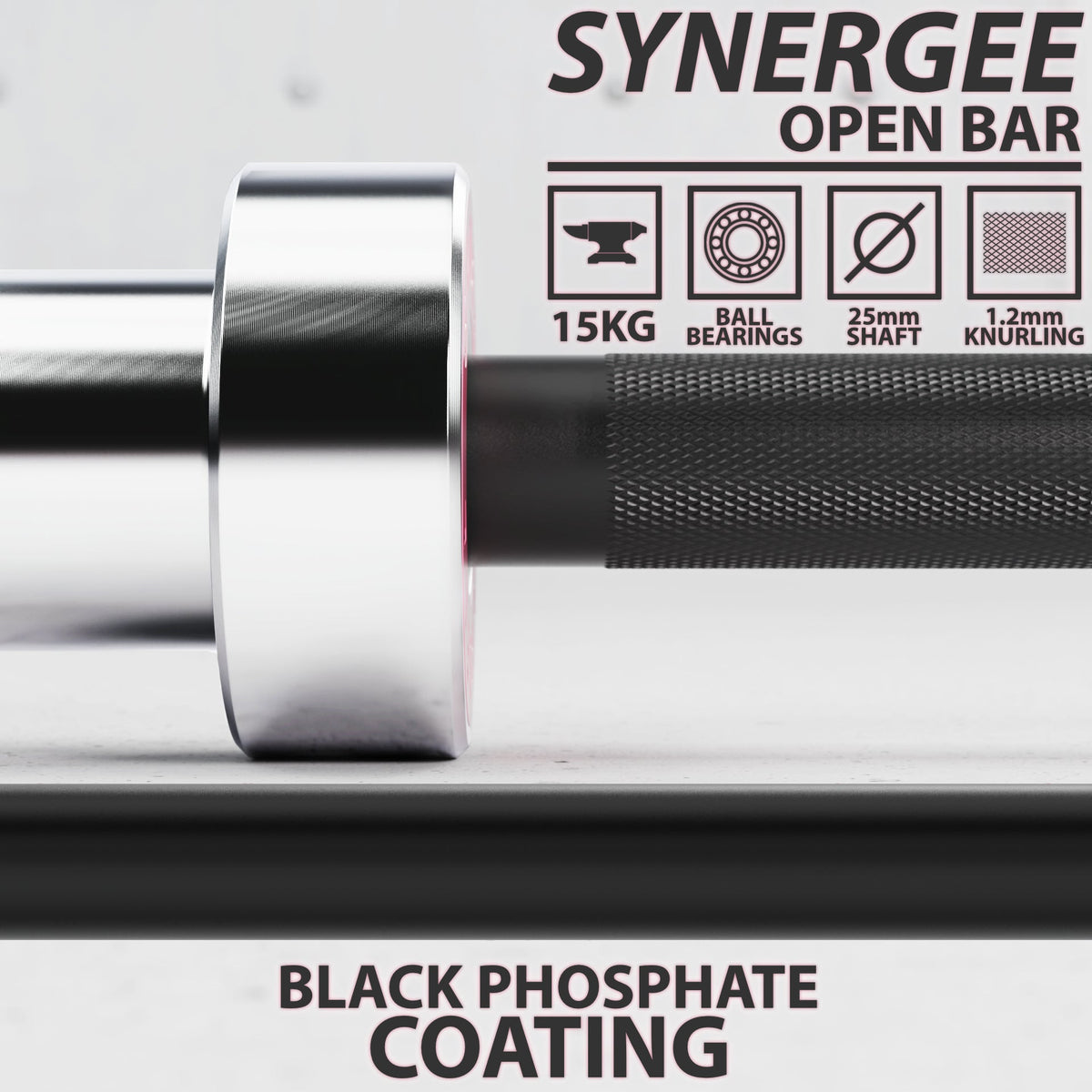 Synergee Open Bar features a black phosphate coating and 15kg weight capacity with knurling for grip.