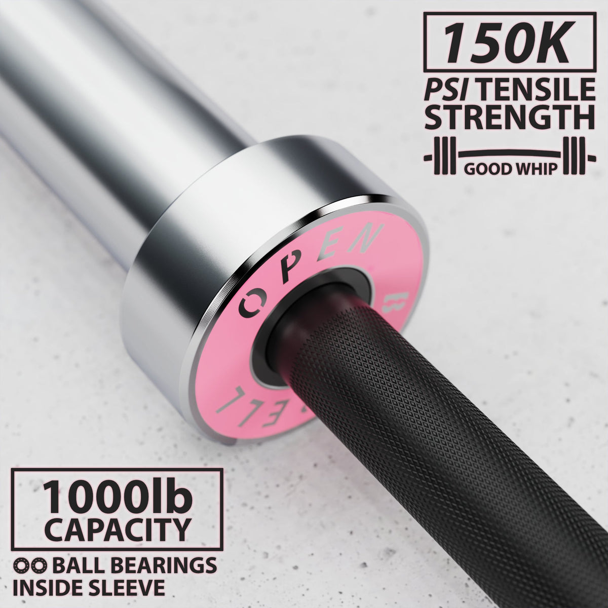 Open Barbell featuring 150K PSI tensile strength and 1000 lb capacity for optimal performance.