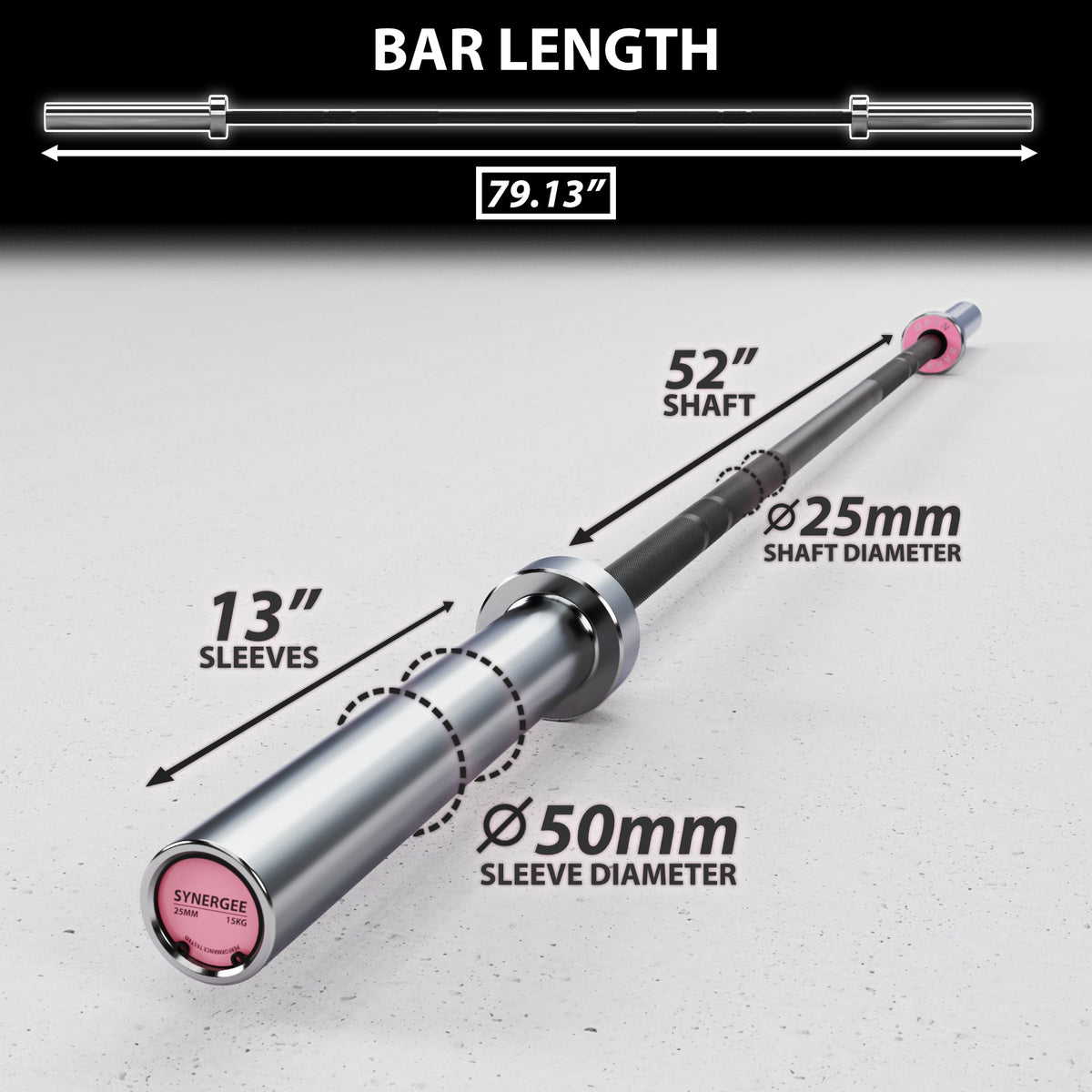 Barbell with 79.13-inch length, 52-inch shaft, and 25mm shaft diameter.