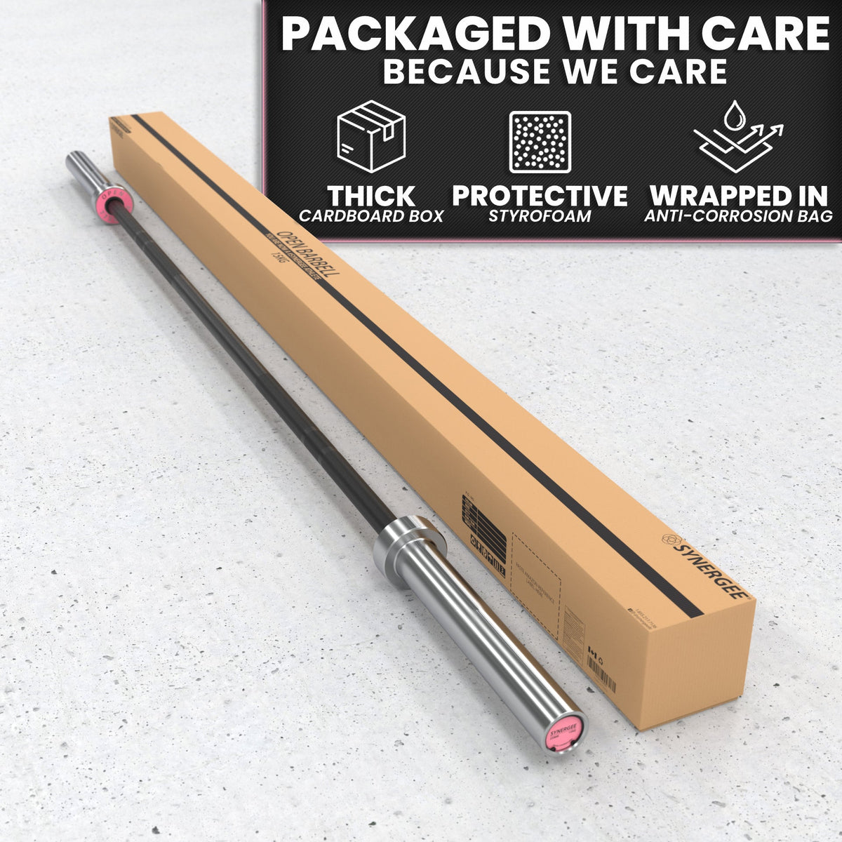 Barbell packaged with care in a thick cardboard box, featuring protective styrofoam and anti-corrosion bag.
