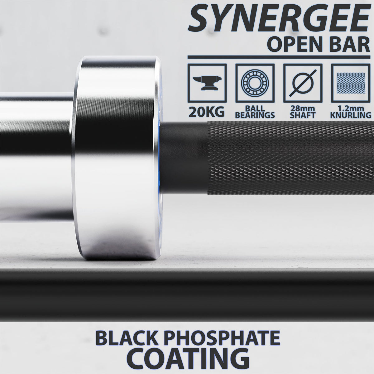 Synergee Open Bar with black phosphate coating and knurling for grip.