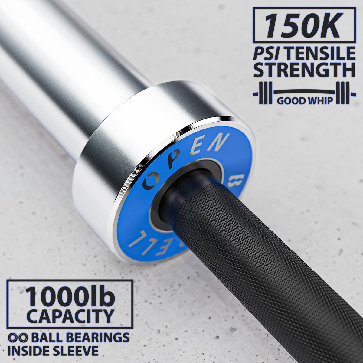 Open Barbell featuring 150K PSI tensile strength and 1000lb capacity with black grip.
