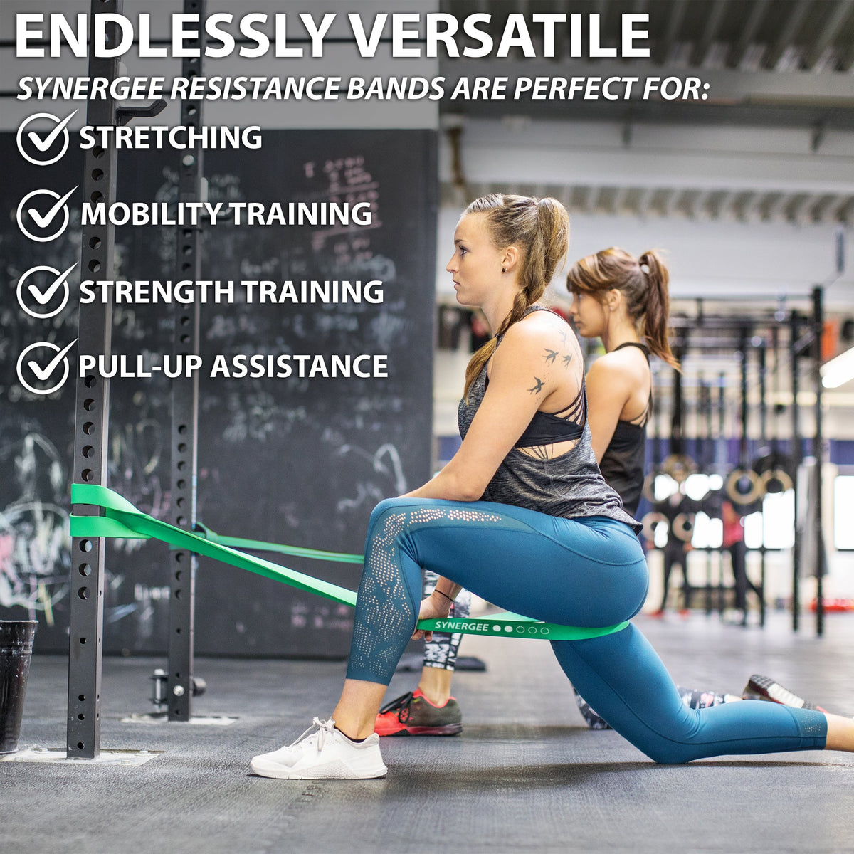 Synergee Resistance Bands for stretching, mobility training, strength training, and pull-up assistance.