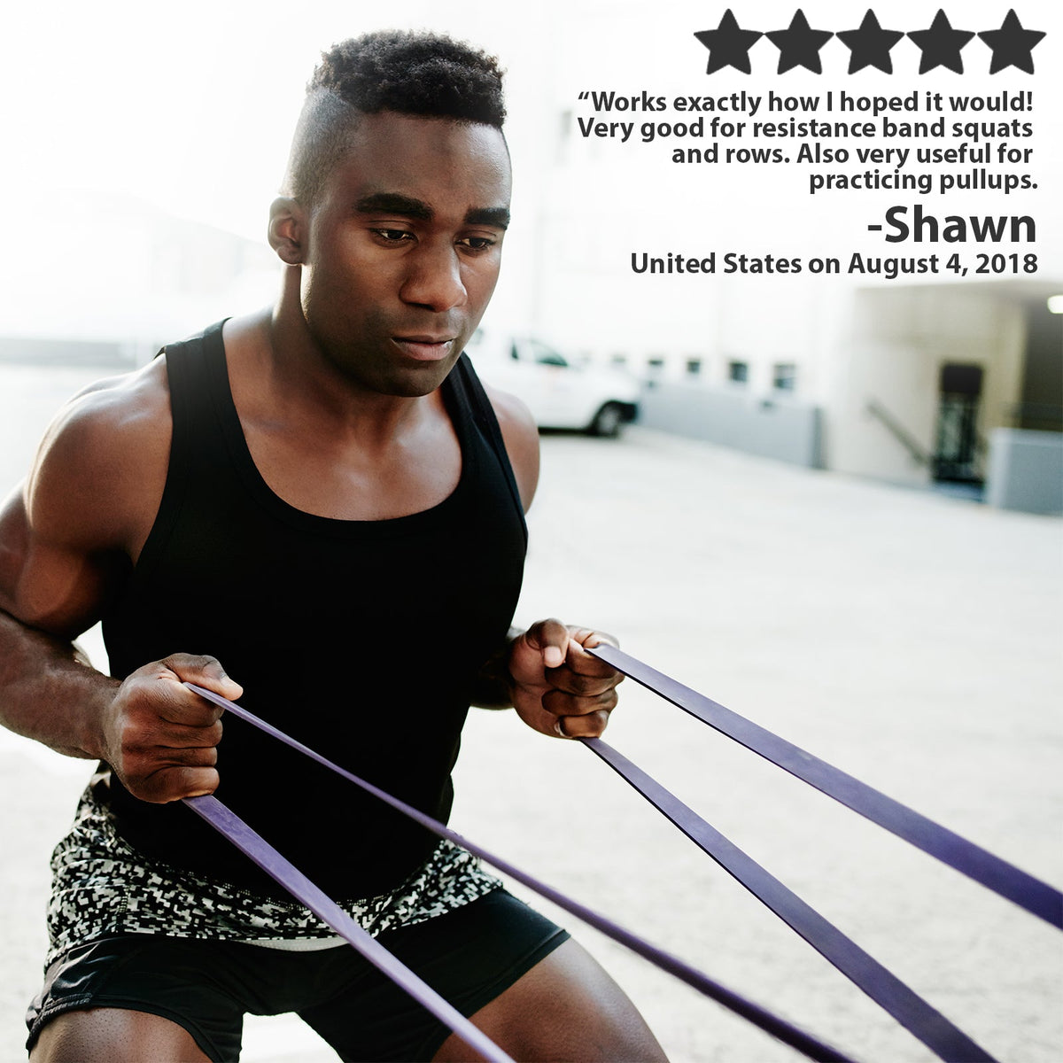 Resistance bands for strength training, ideal for squats and rows, used by a man in workout attire.