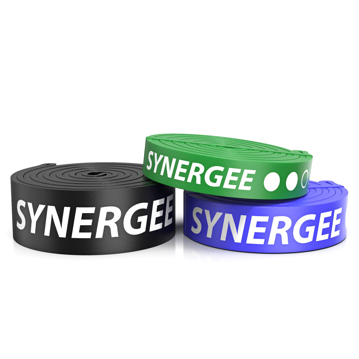 Synergee resistance bands in black, green, and blue colors for strength training.