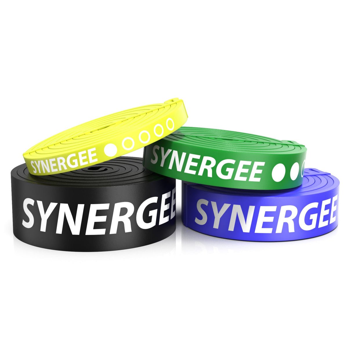 Synergee resistance bands in black, green, yellow, and blue for strength training.