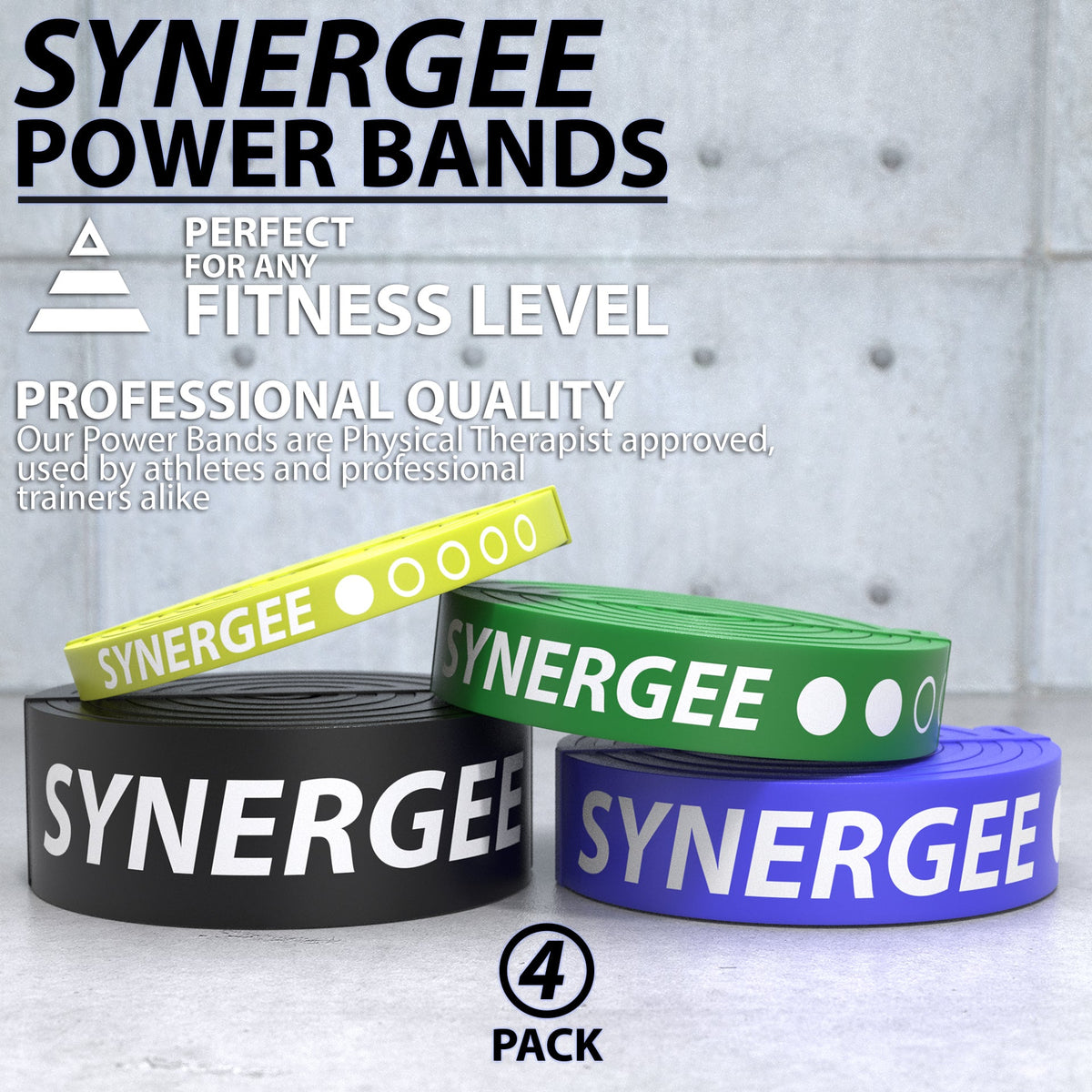 Synergee Power Bands in black, green, and purple, ideal for any fitness level and professional quality.