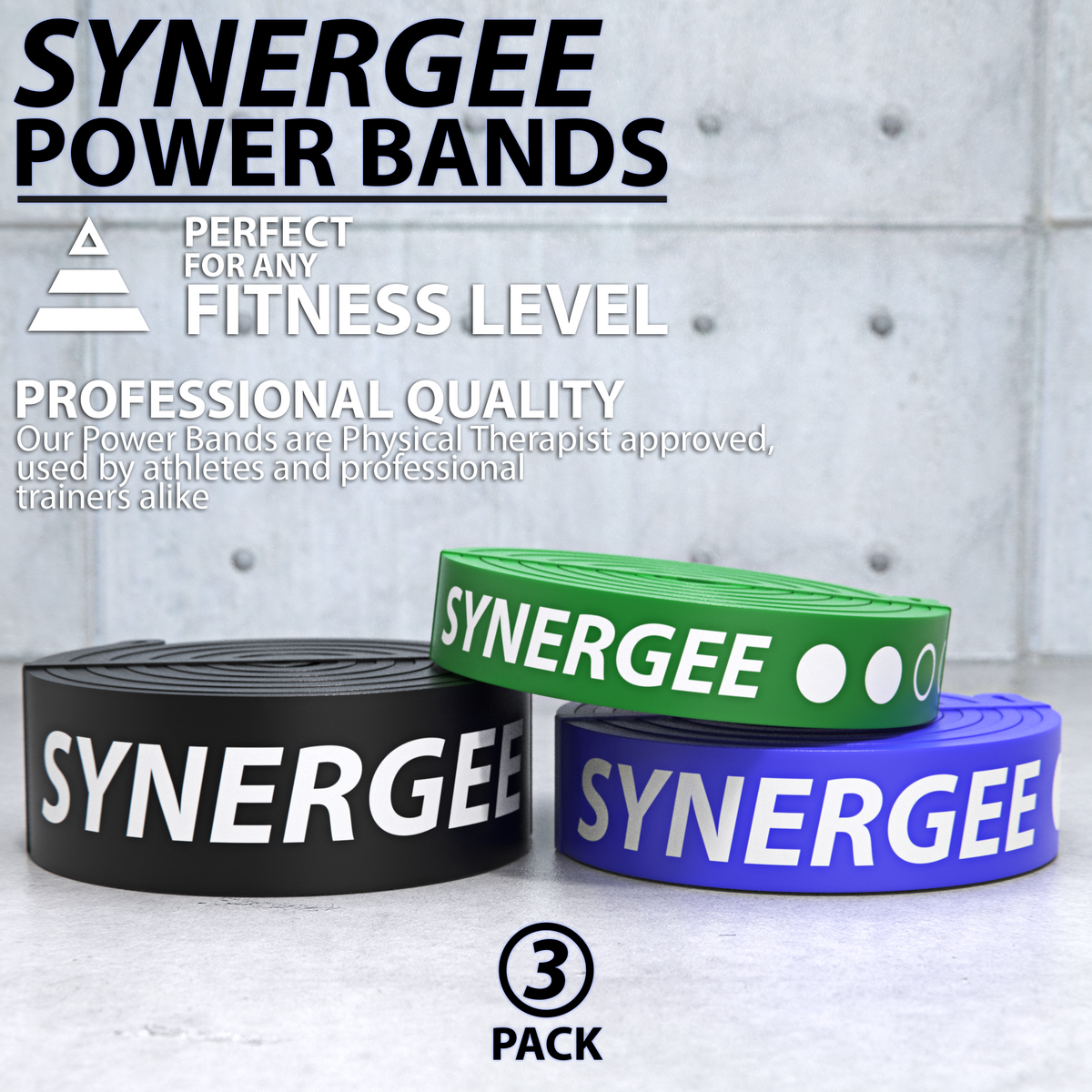 Synergee Power Bands in black, green, and purple for versatile fitness training.