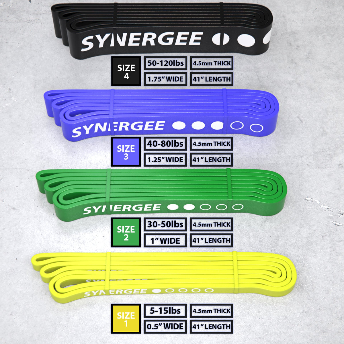 Synergee resistance bands in various sizes and colors, suitable for different weight ranges.