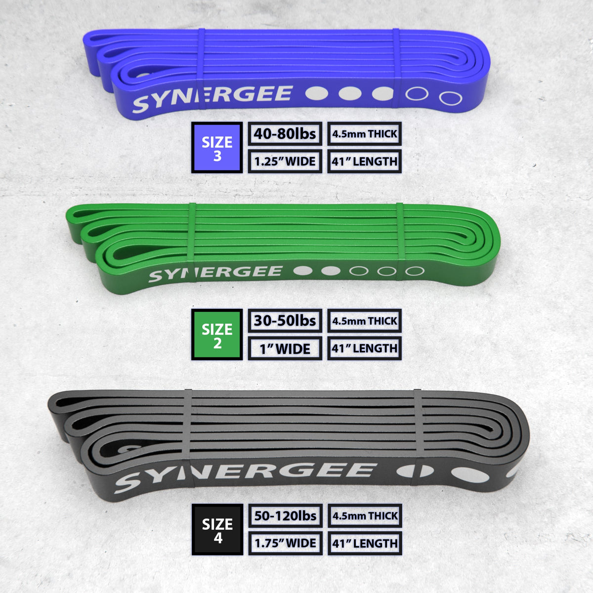 Synergee resistance bands in three sizes: green for 30-50 lbs, blue for 40-80 lbs, and gray for 50-120 lbs.