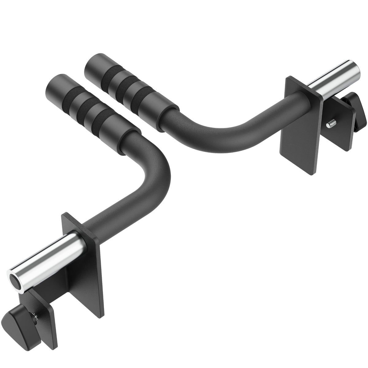 Heavy-duty wall-mounted gym dip bars with rubber grips for secure handling.