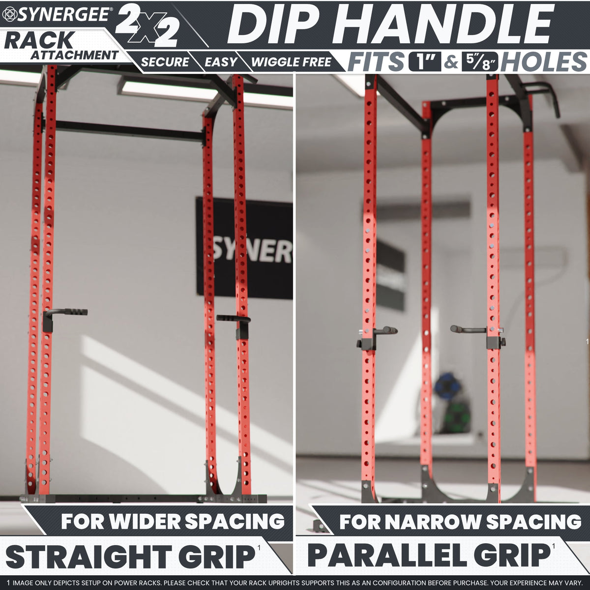 Synergee Dip Handle for rack attachment, featuring straight and parallel grips for versatile workouts.