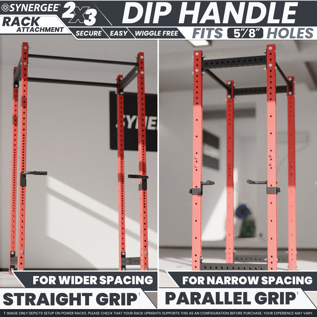 Dip handle attachment for Synergee rack, designed for wider and narrow grip options.
