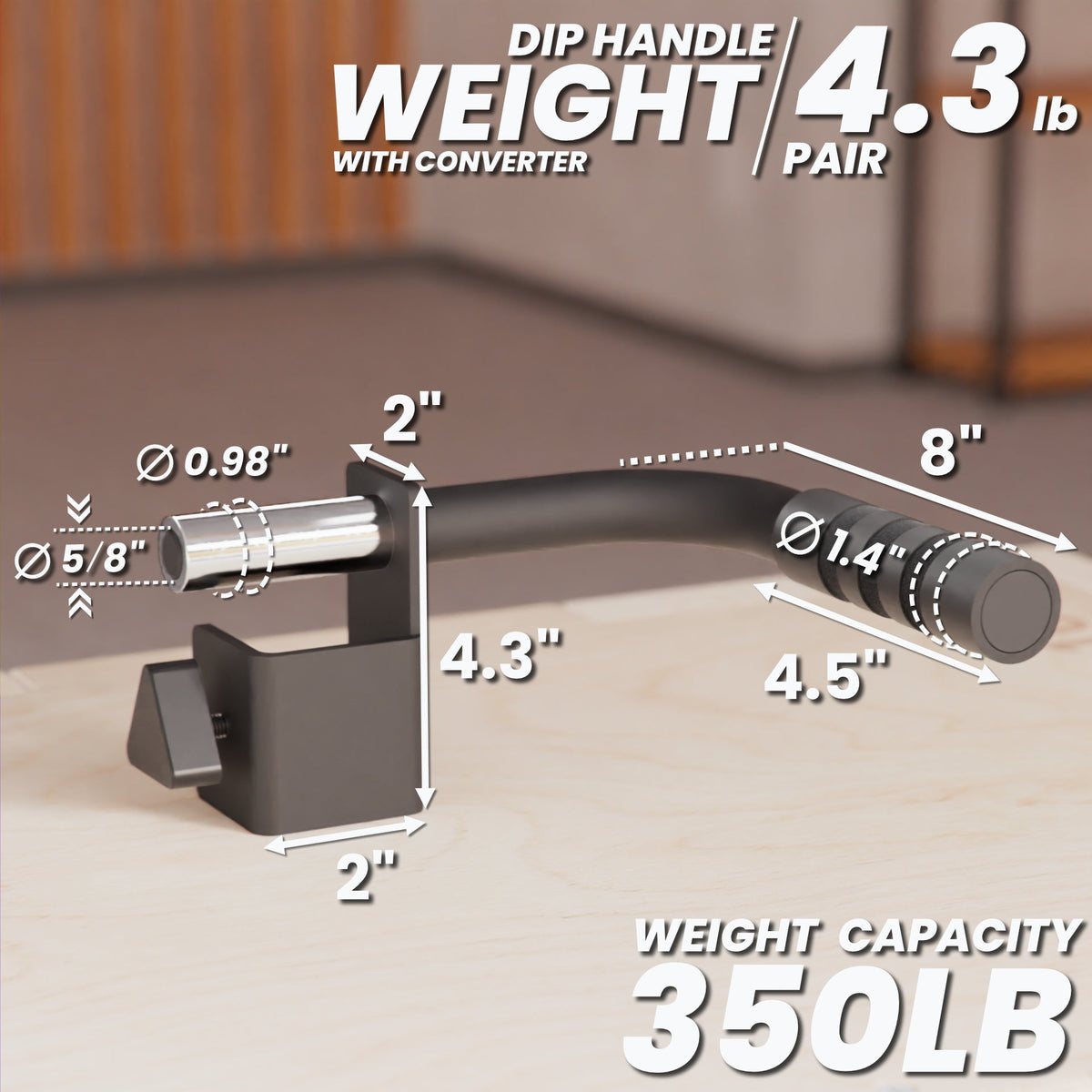 Dip handle weight with converter, featuring a sturdy design and 350lb weight capacity.