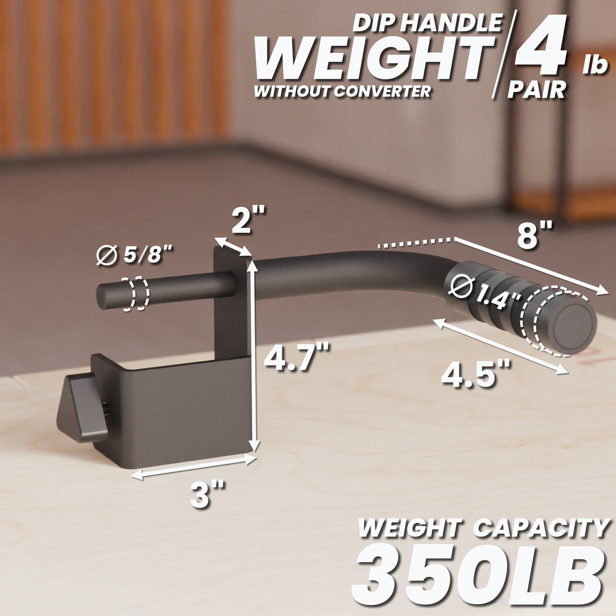 Dip handle with a weight capacity of 350LB, featuring a sleek design and precise measurements.