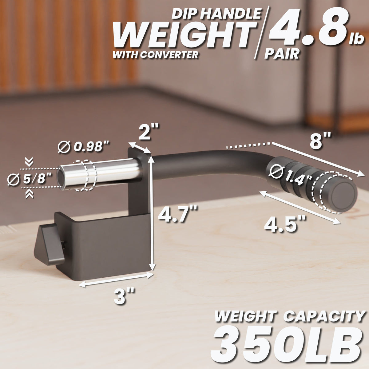 Dip Handle with converter, 4.8 lb weight, designed for strength training, supports up to 350 lb.