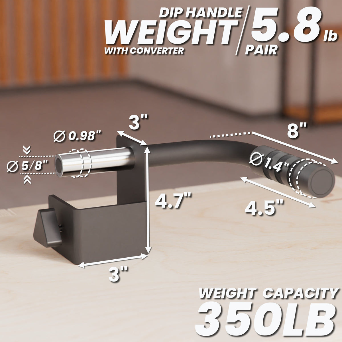 Dip handle with converter, weight 5.8 lb per pair, designed for a weight capacity of 350 lb.