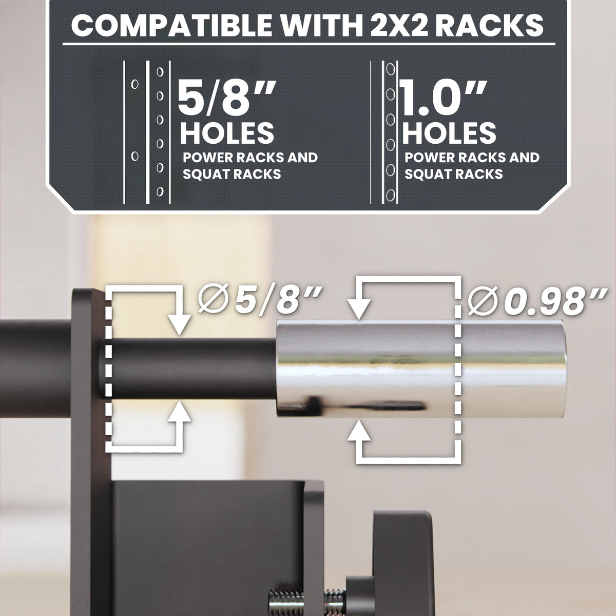 Compatible with 2x2 racks, this attachment features 5/8 and 1.0 holes for power and squat racks.