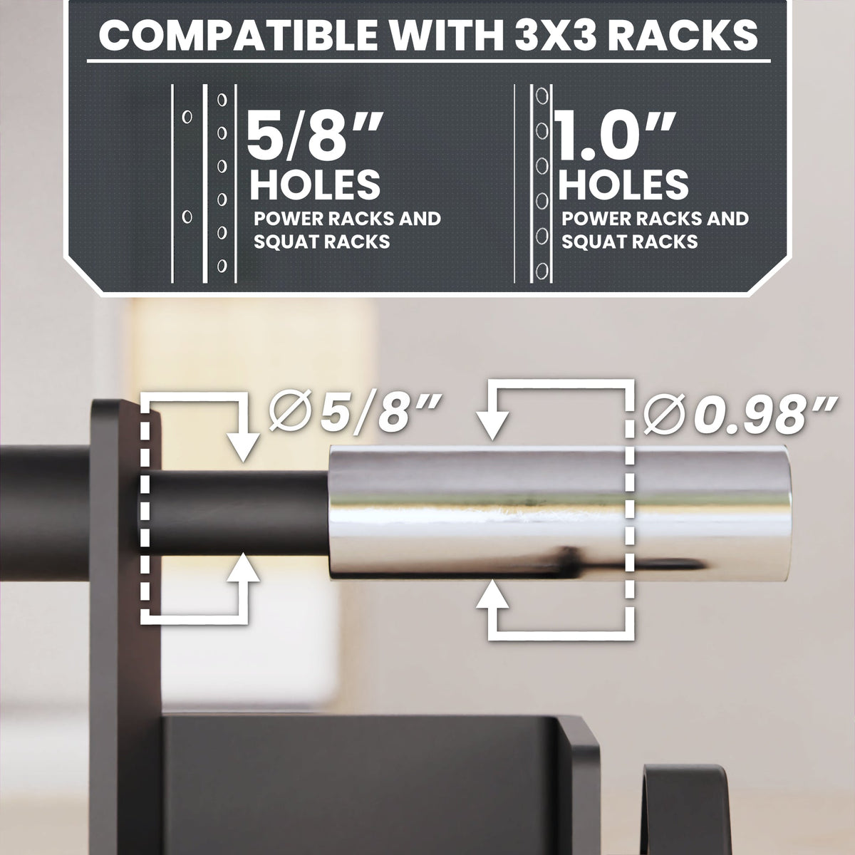 Compatible with 3x3 racks, this product features 5/8 and 1.0 holes for power and squat racks.