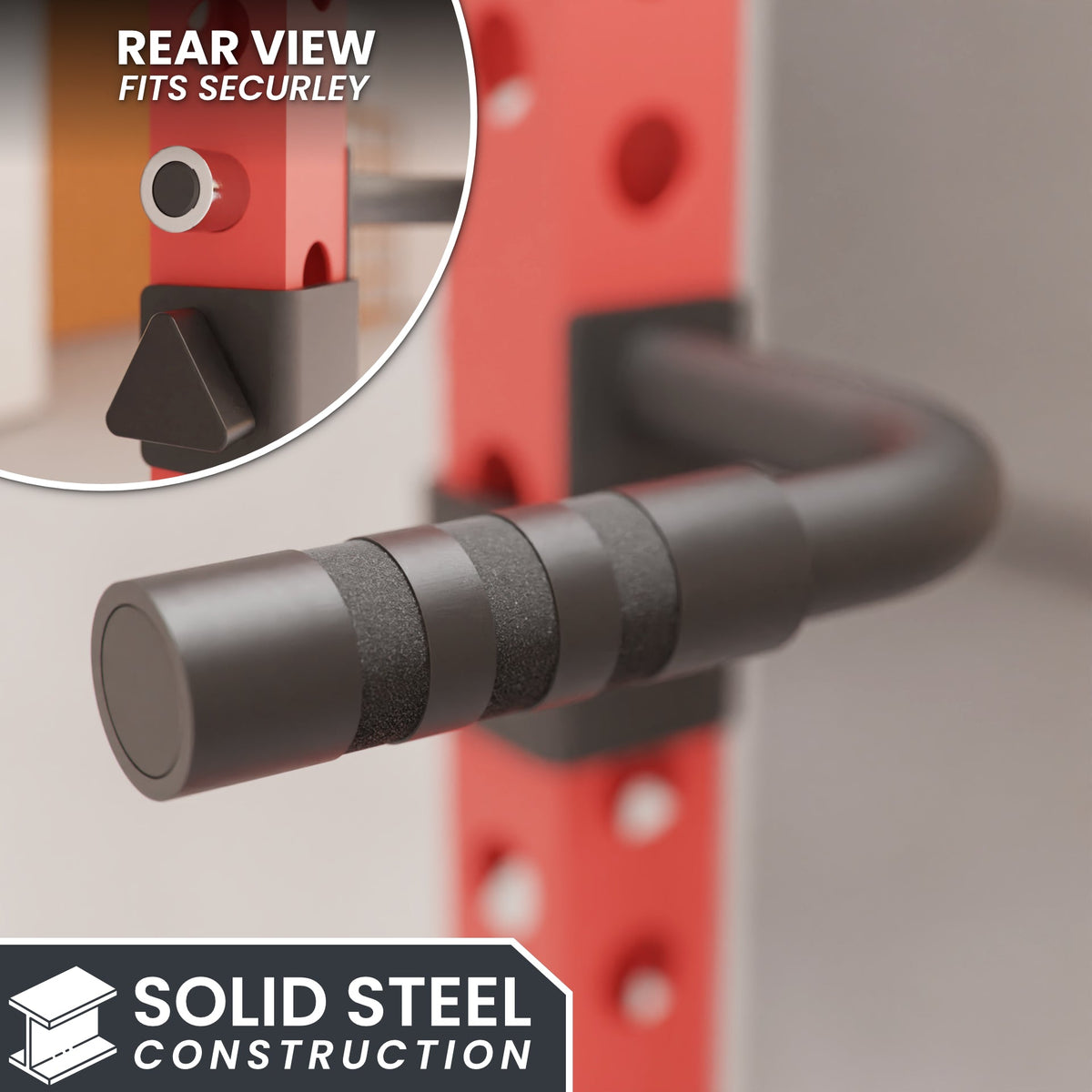Solid Steel Construction rear view showing secure fit and handle design.