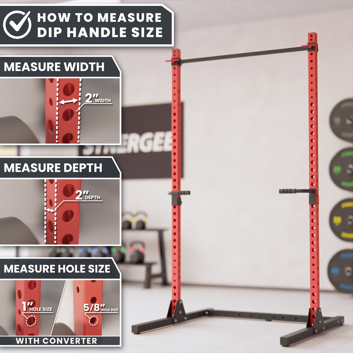 Dip handle size measurement guide with red dip station and measurement indicators.
