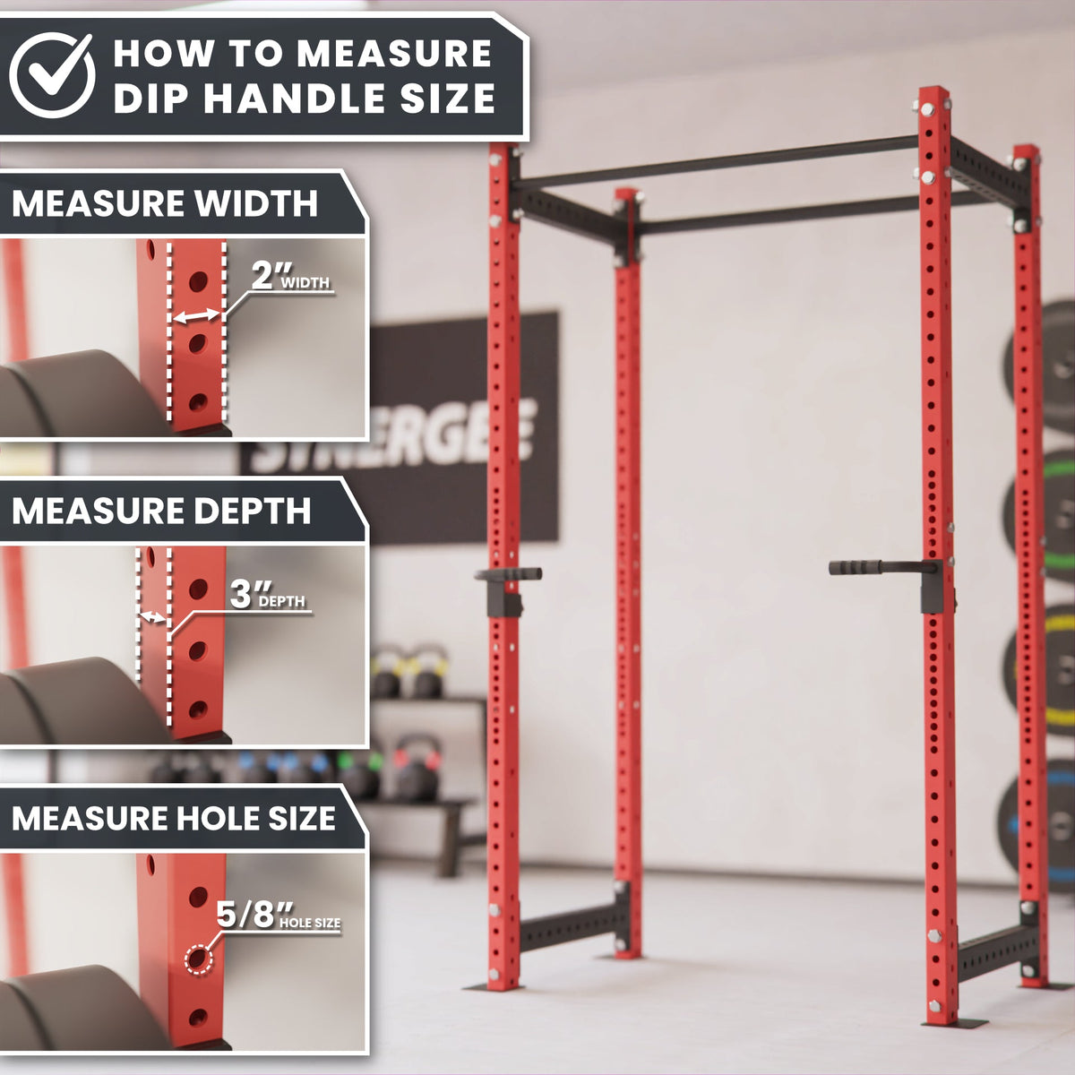 Dip handle size measurement guide showing width, depth, and hole size for accurate fitting.