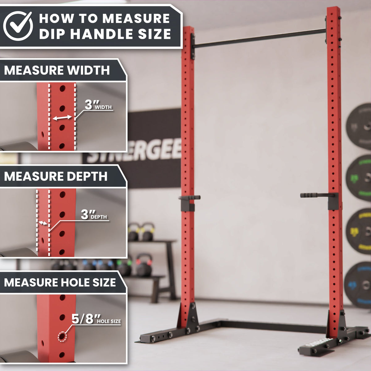 Dip Handle Size Measurement Guide showing width, depth, and hole size for accurate fitting.