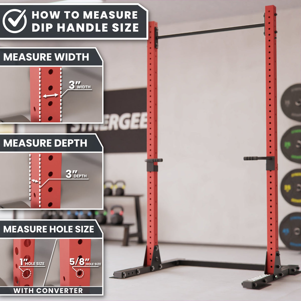 Dip Handle Size Measurement Guide with red dip station and measurement details.