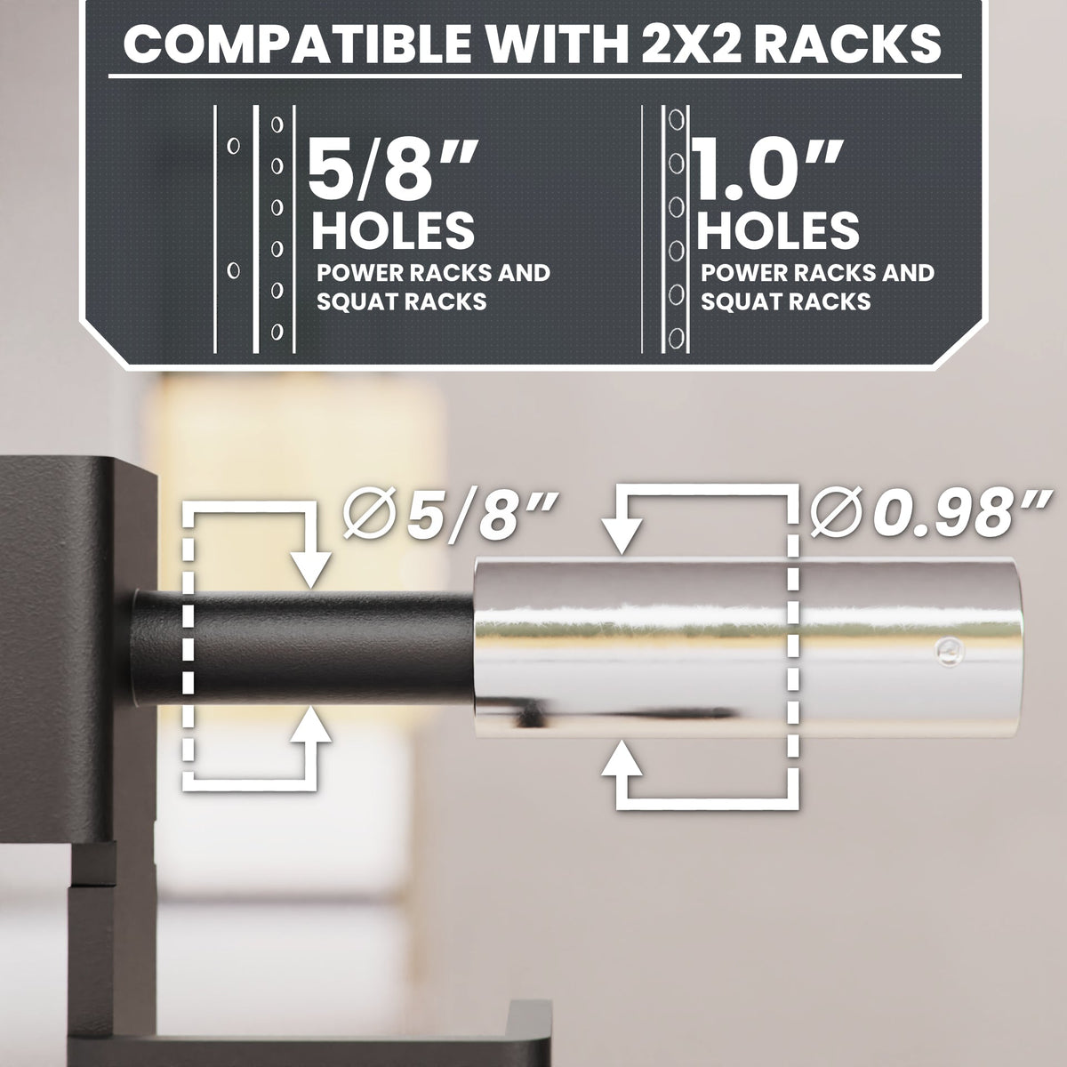Compatible with 2x2 racks, this attachment features 5/8" and 1.0" hole sizes for power and squat racks.