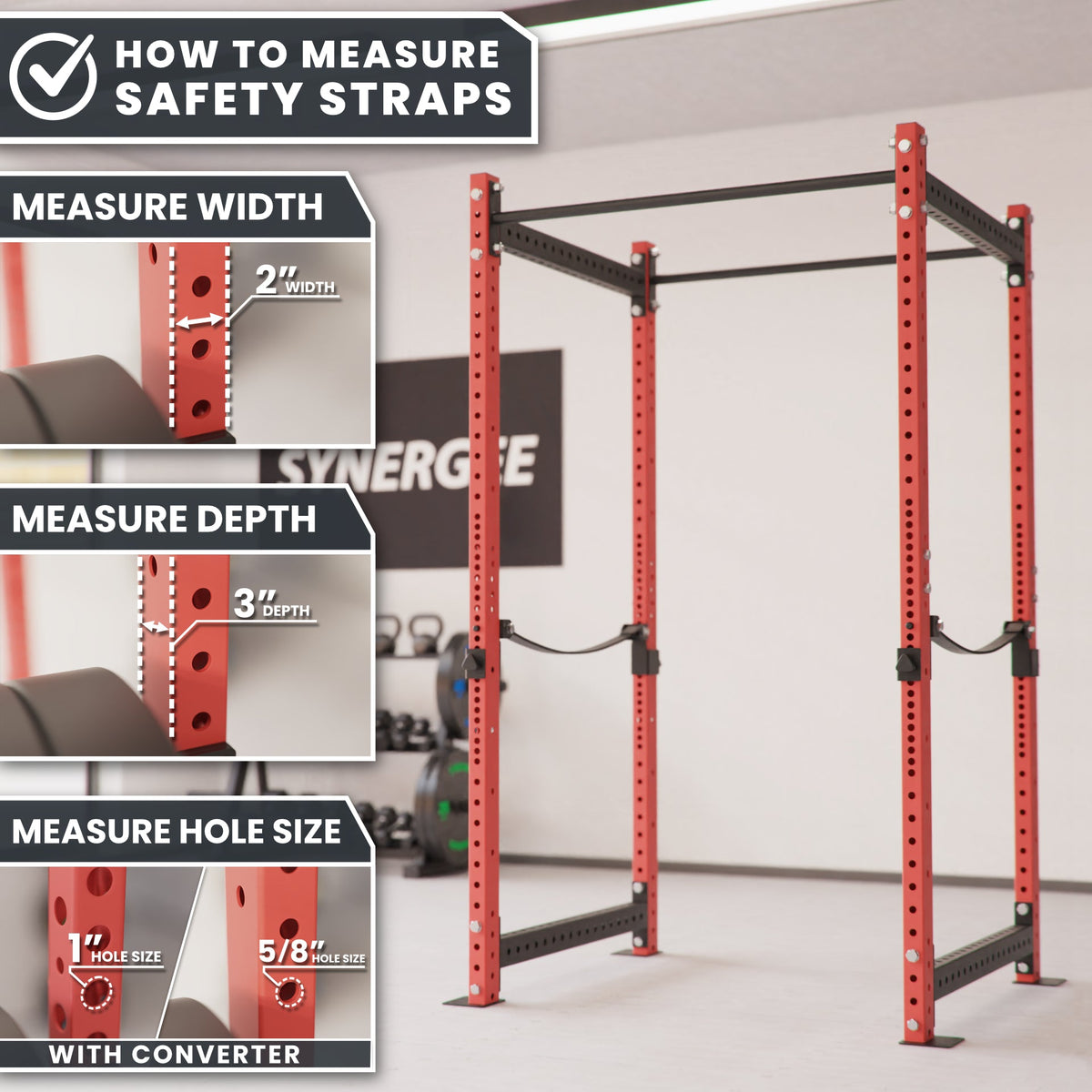 Safety Straps measuring guide showing width, depth, and hole size for accurate installation.