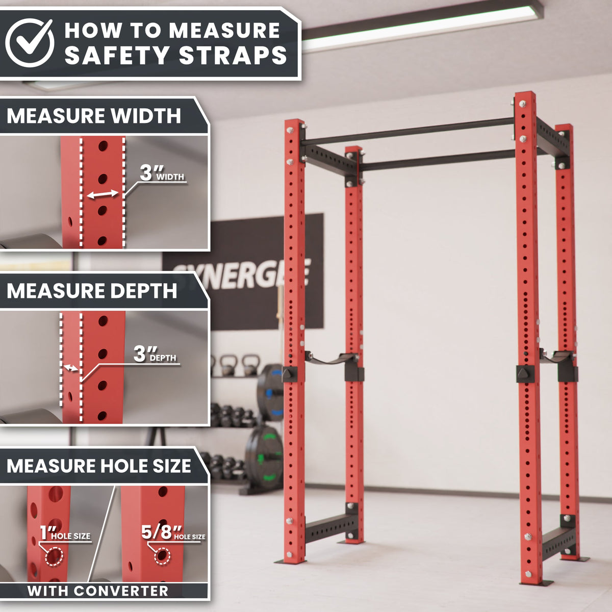 Safety Straps measuring guide showing width, depth, and hole size for accurate fitting.