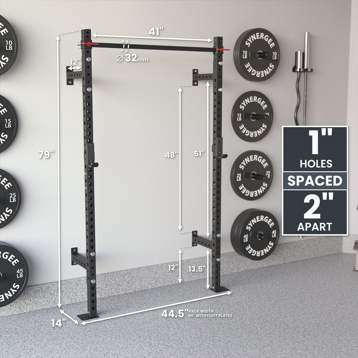 Power Rack with 1-inch holes spaced 2 inches apart, featuring adjustable height and sturdy design.