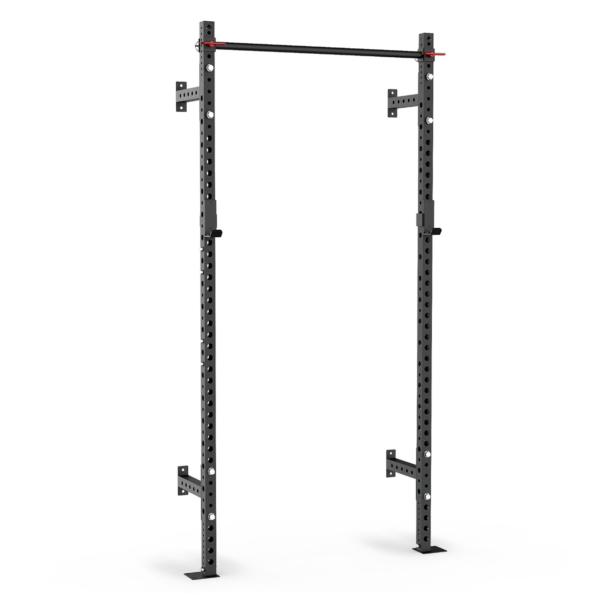 Heavy-duty pull-up bar rack with adjustable height and sturdy black frame.