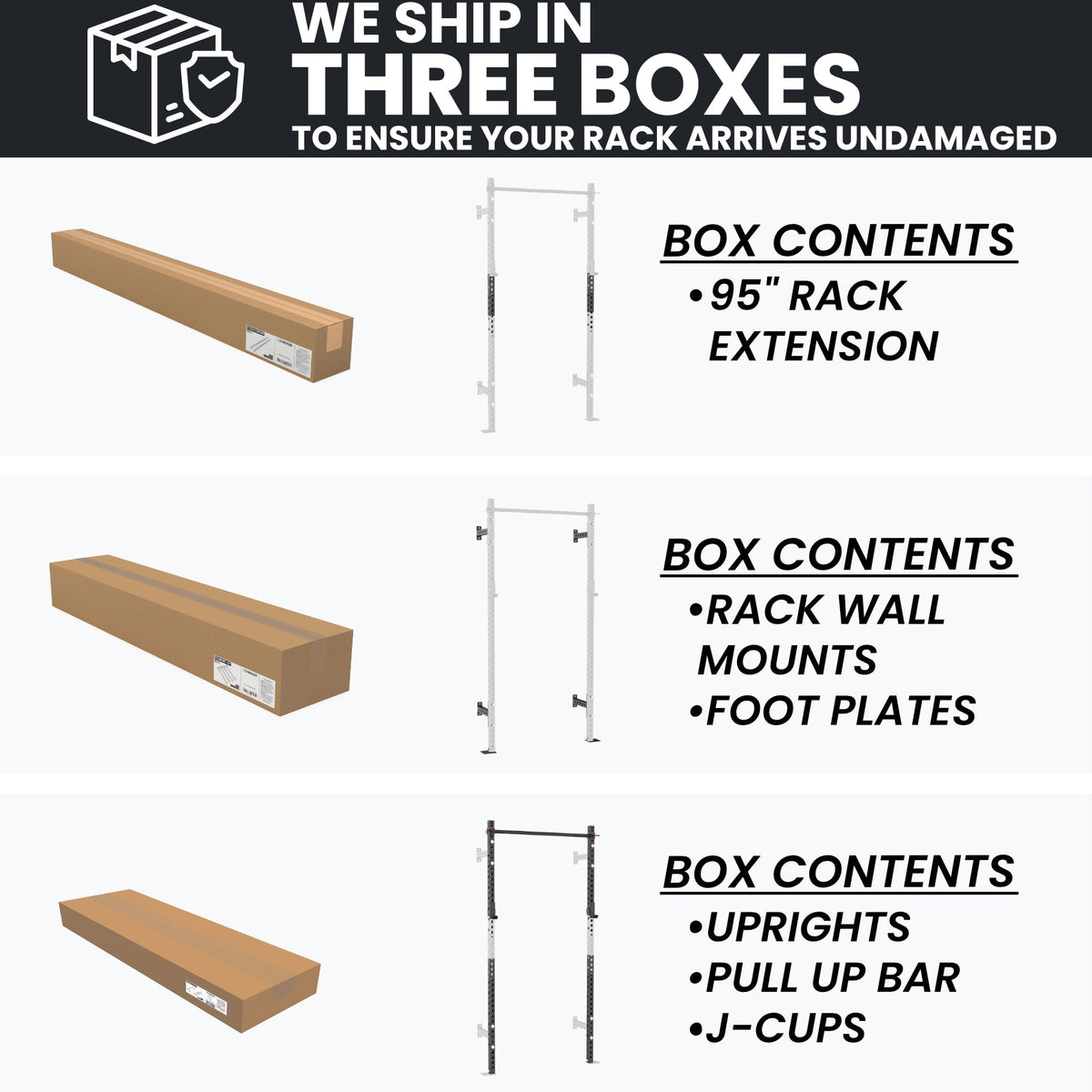 95" Rack Extension includes rack wall mounts and foot plates for sturdy support.