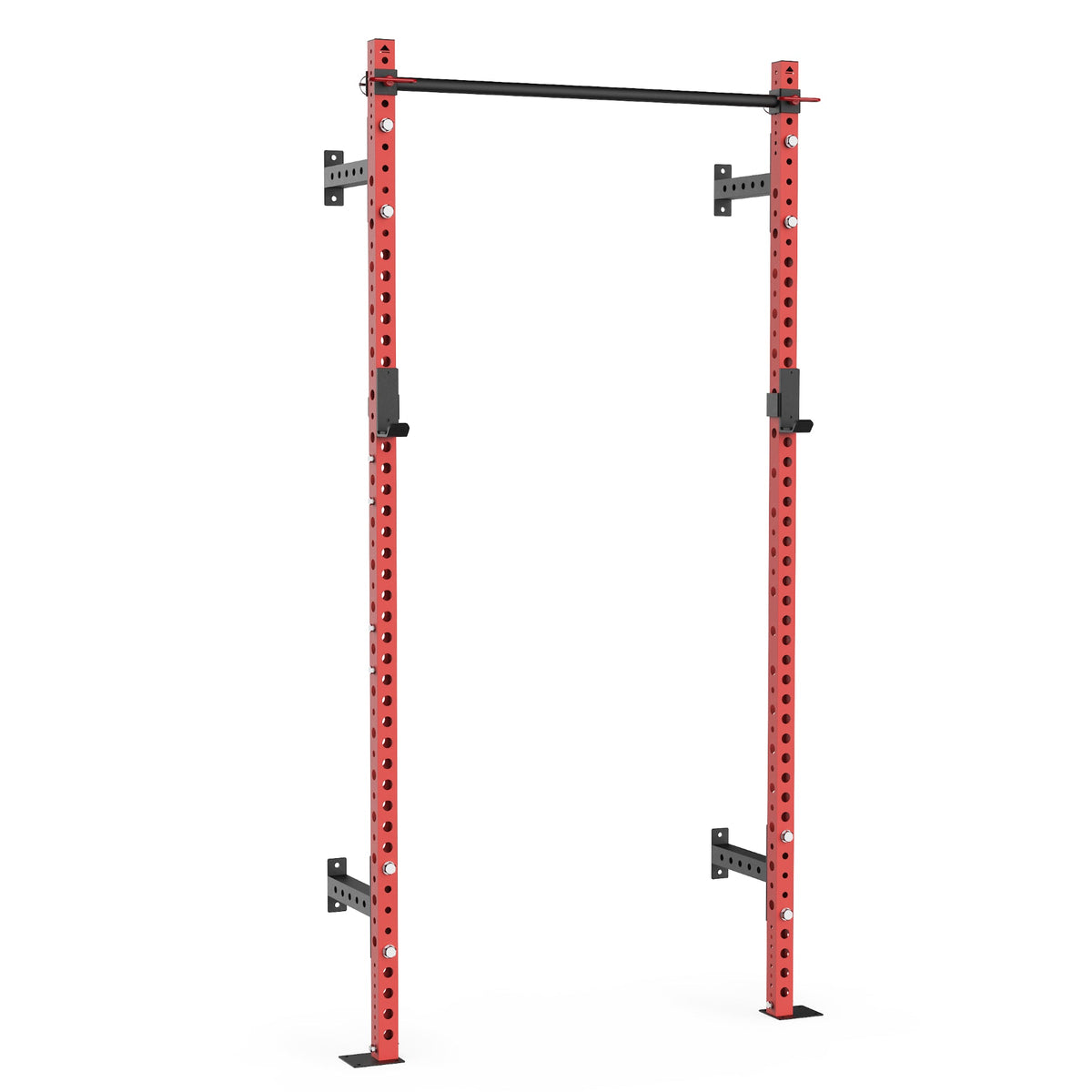 Red Power Rack with adjustable pull-up bar for strength training.