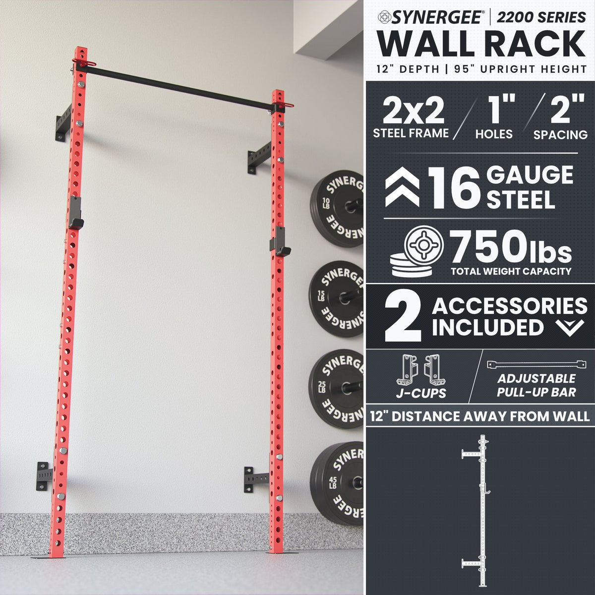 Synergee Wall Rack features a sturdy 2x2 steel frame with 1-inch holes and 12-inch depth.