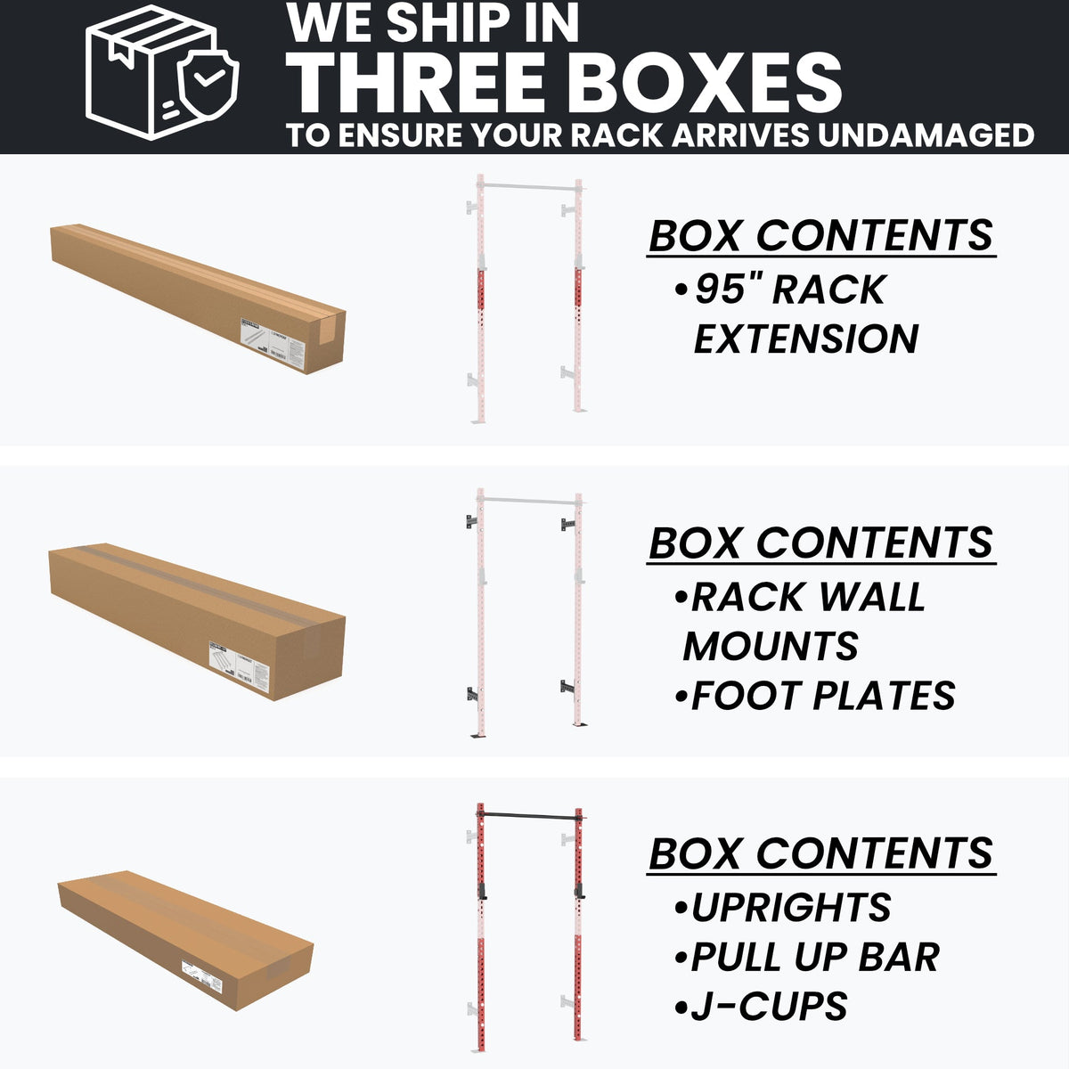 95" Rack Extension includes wall mounts, foot plates, uprights, pull-up bar, and J-cups.
